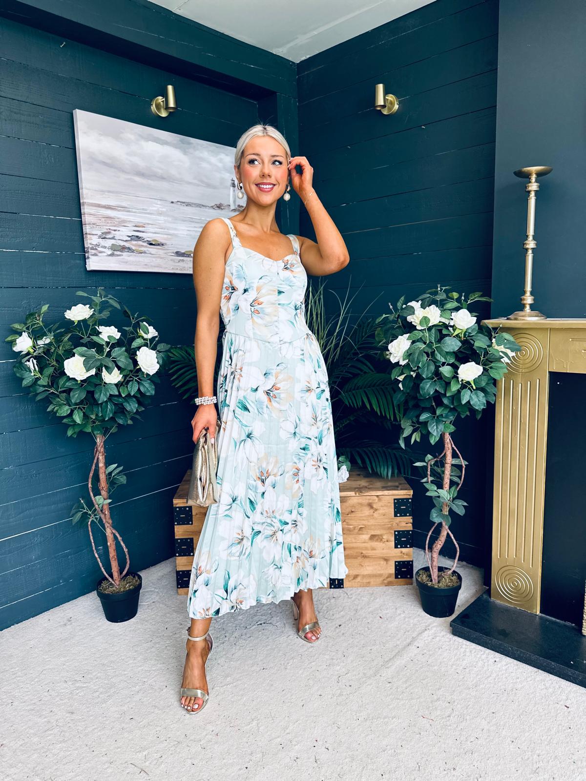 Cassidy Pleated Midi Dress Floral Mint