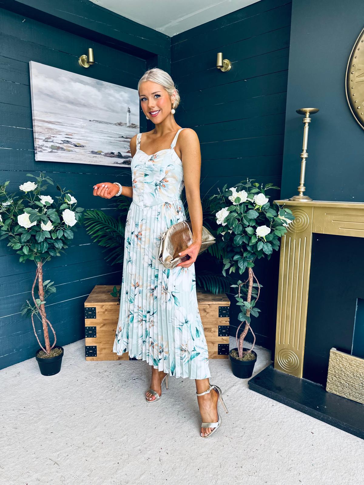 Cassidy Pleated Midi Dress Floral Mint