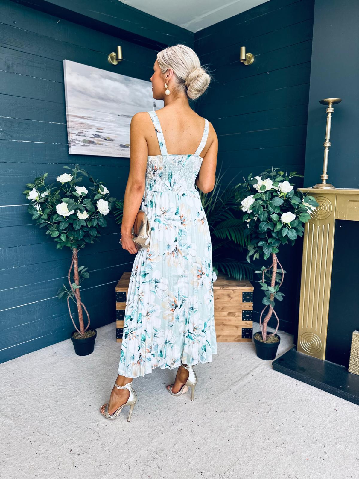 Cassidy Pleated Midi Dress Floral Mint
