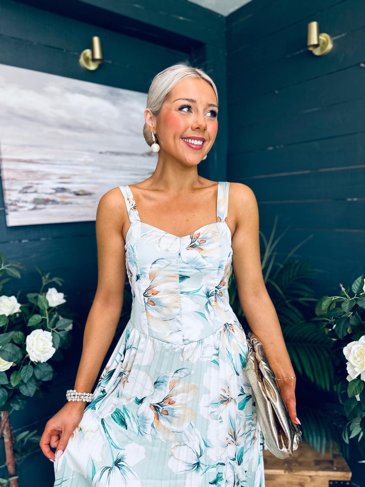 Cassidy Pleated Midi Dress Floral Mint