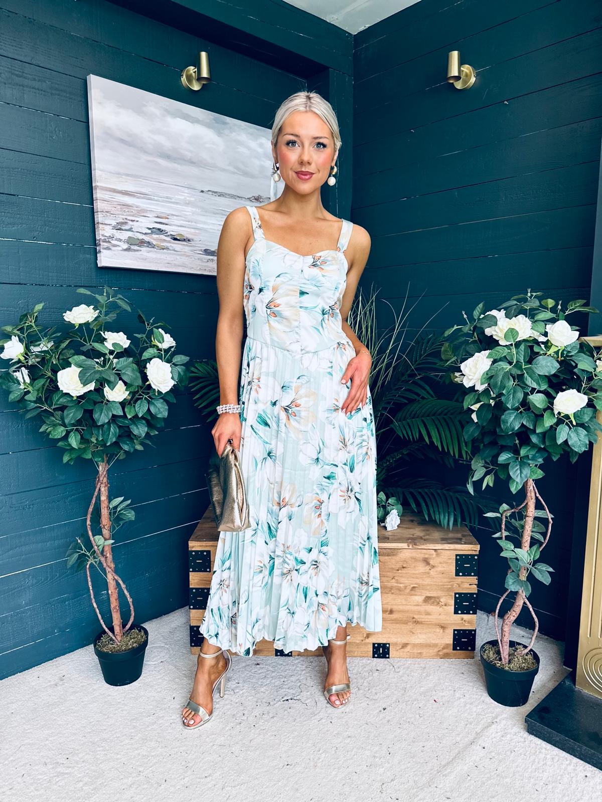 Cassidy Pleated Midi Dress Floral Mint