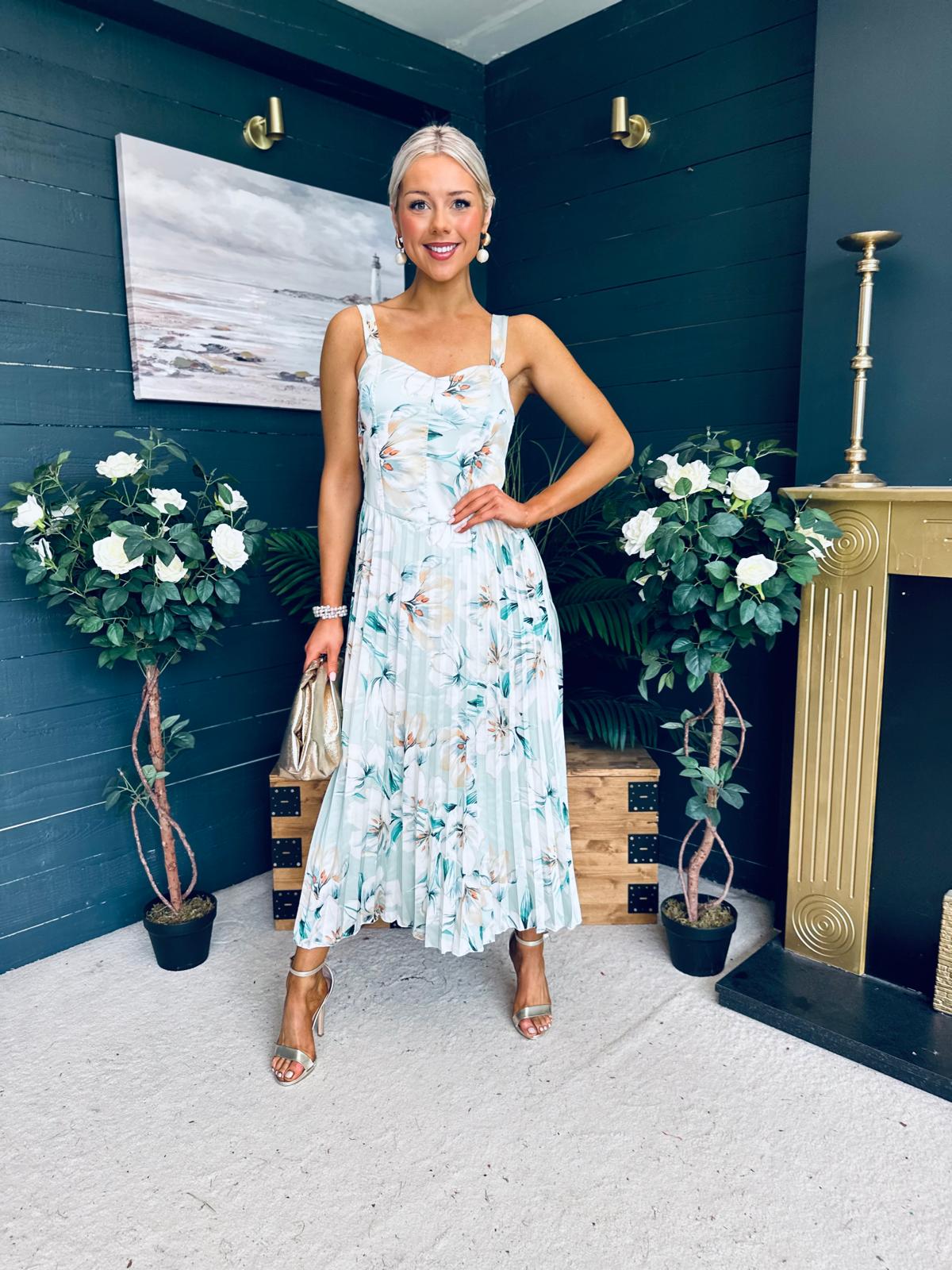 Cassidy Pleated Midi Dress Floral Mint
