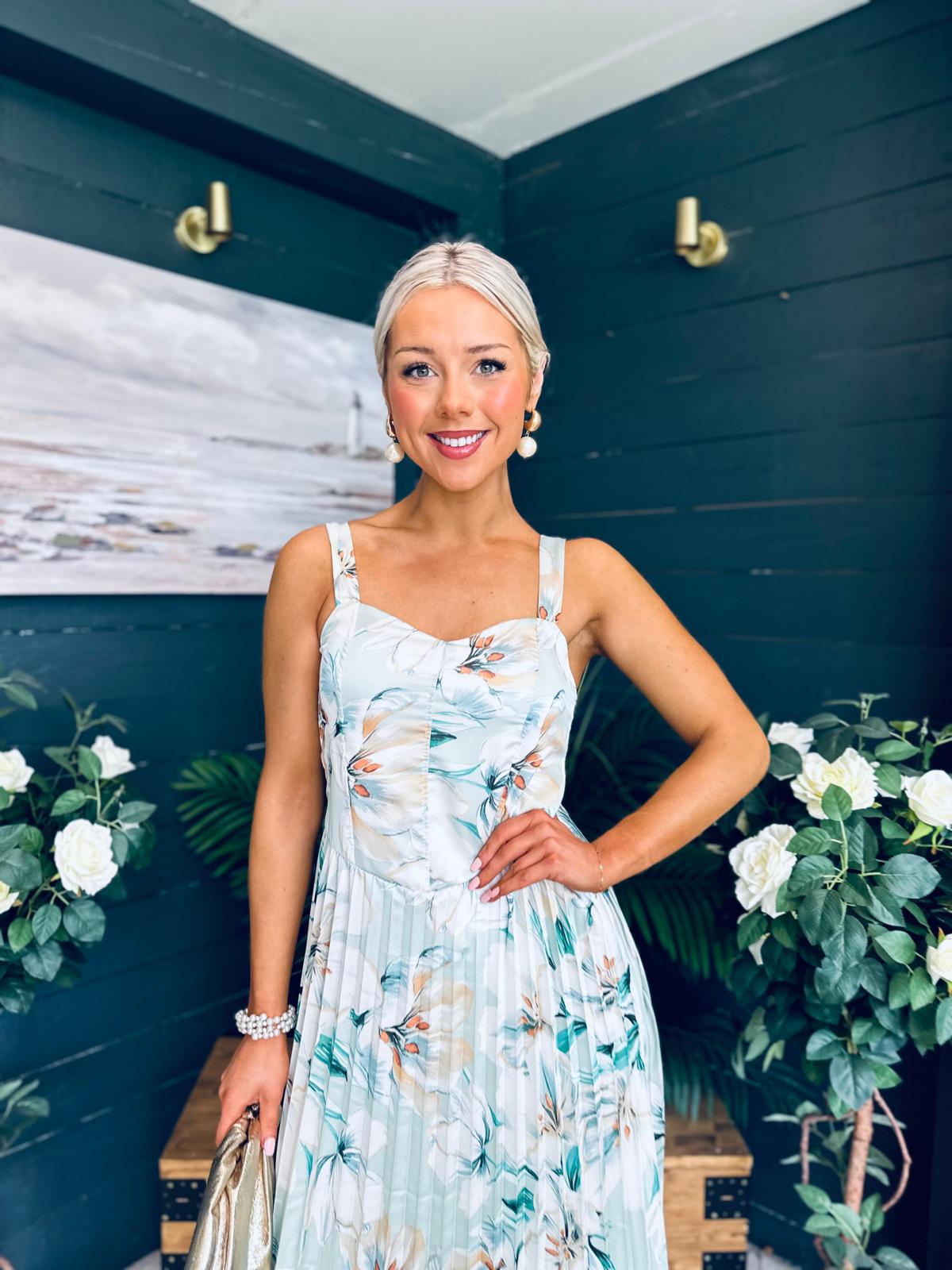 Cassidy Pleated Midi Dress Floral Mint