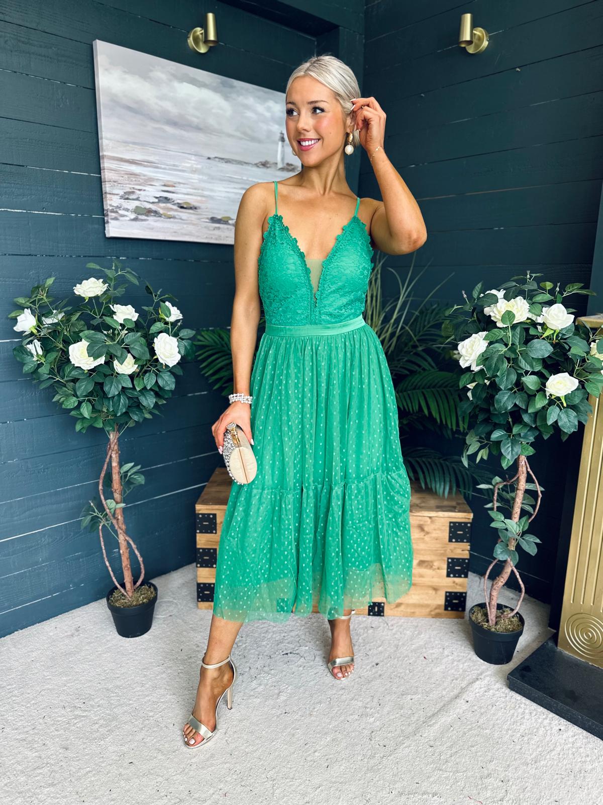 Ally Occasion Tulle Midi Dress Emerald