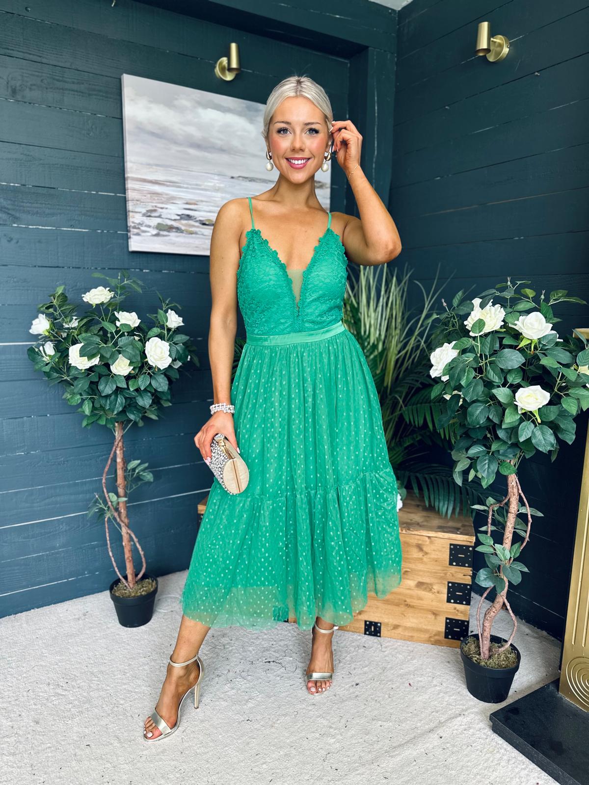 Ally Occasion Tulle Midi Dress Emerald