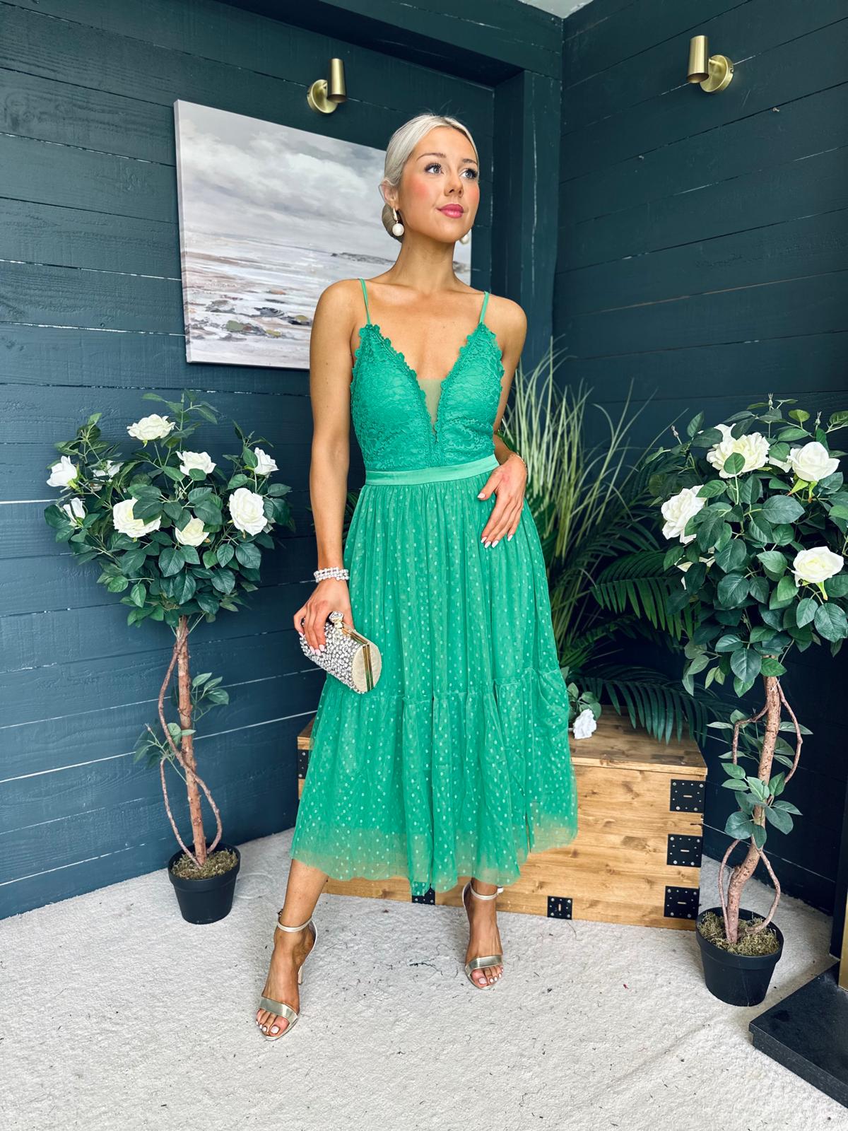 Ally Occasion Tulle Midi Dress Emerald