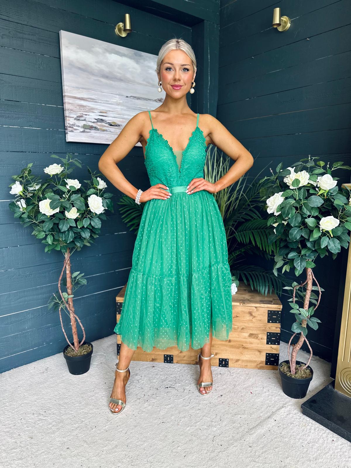 Ally Occasion Tulle Midi Dress Emerald