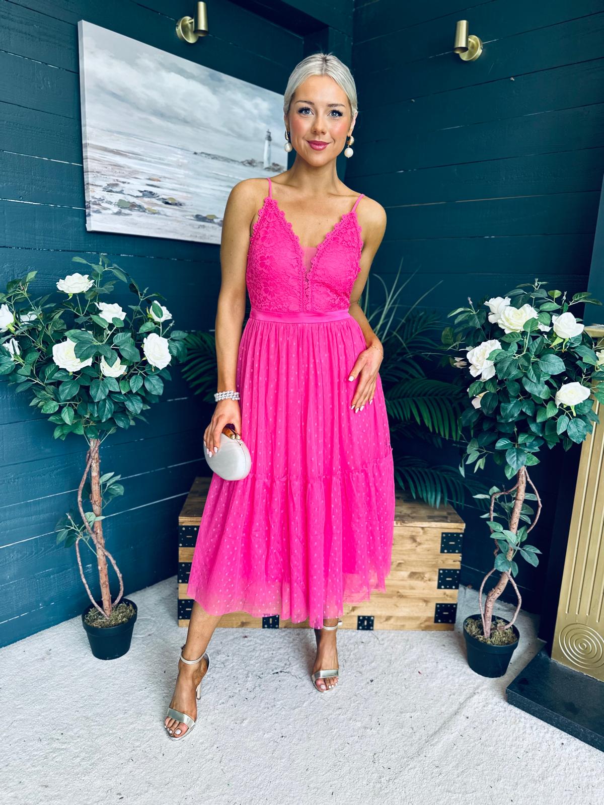Ally Occasion Tulle Midi Dress Fuchsia