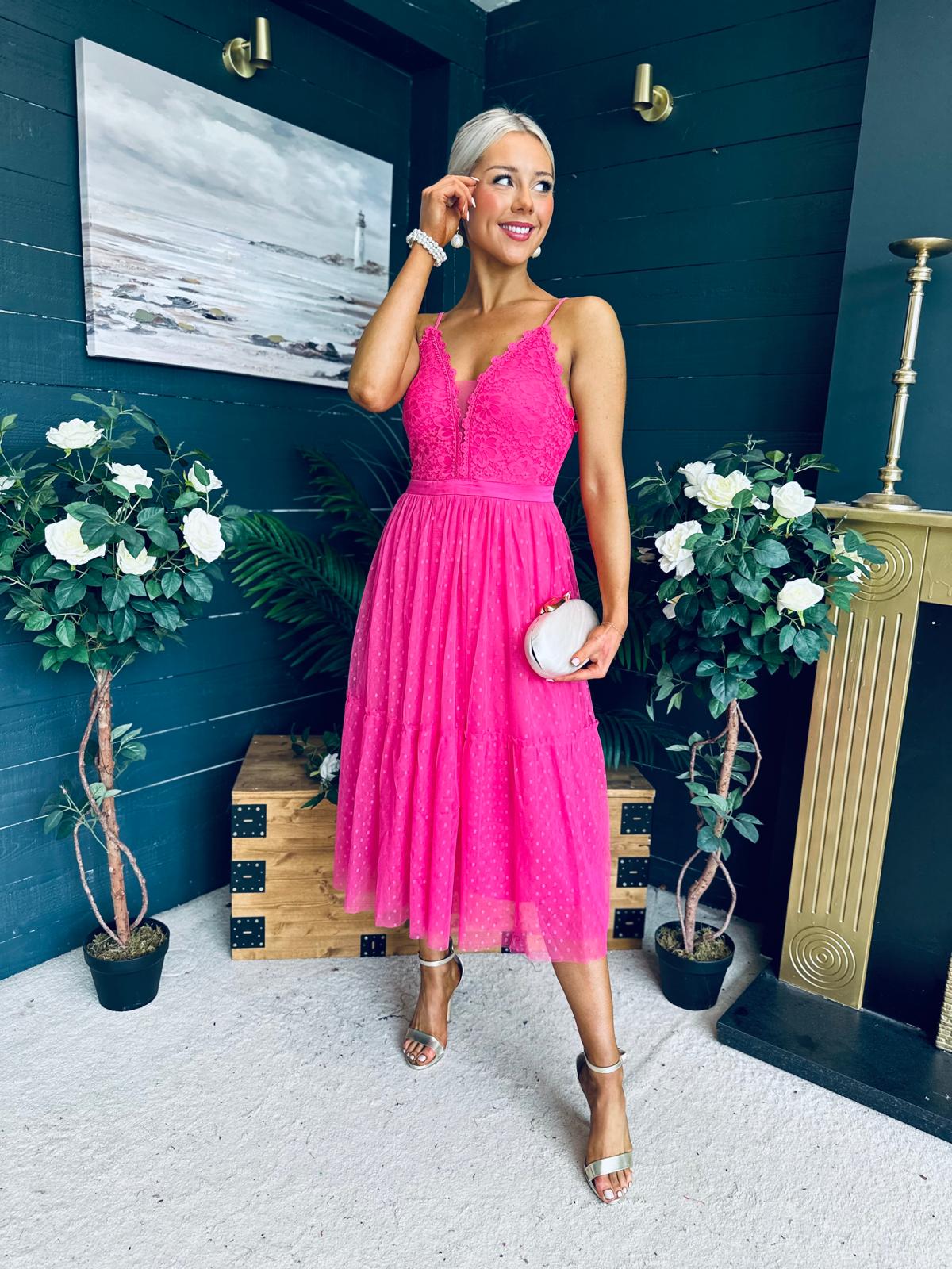 Ally Occasion Tulle Midi Dress Fuchsia