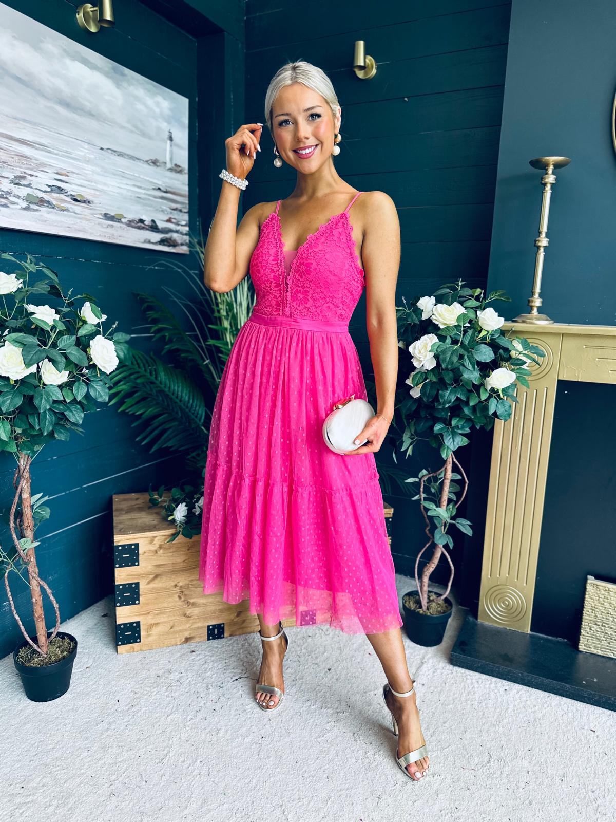 Ally Occasion Tulle Midi Dress Fuchsia