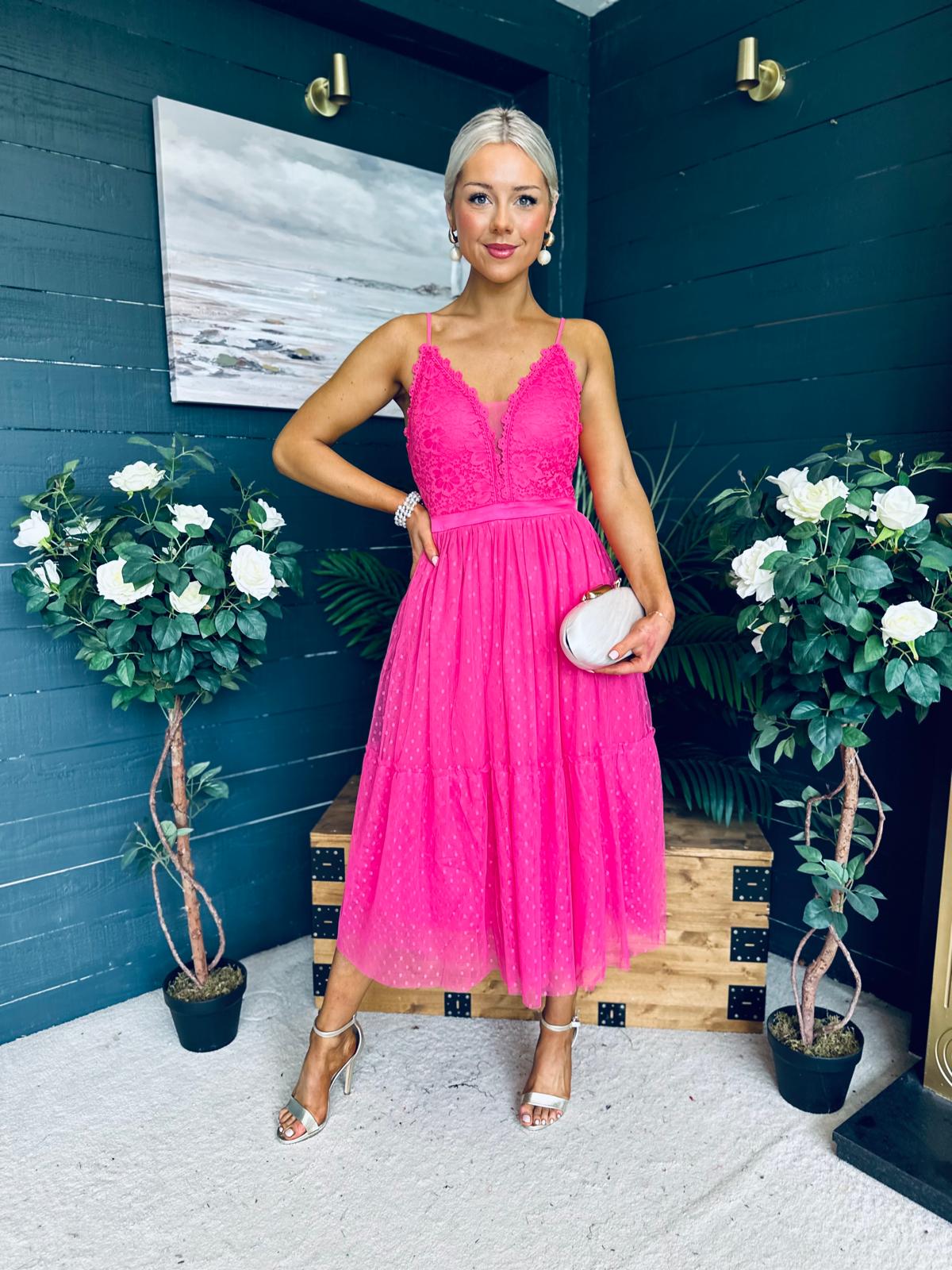 Ally Occasion Tulle Midi Dress Fuchsia