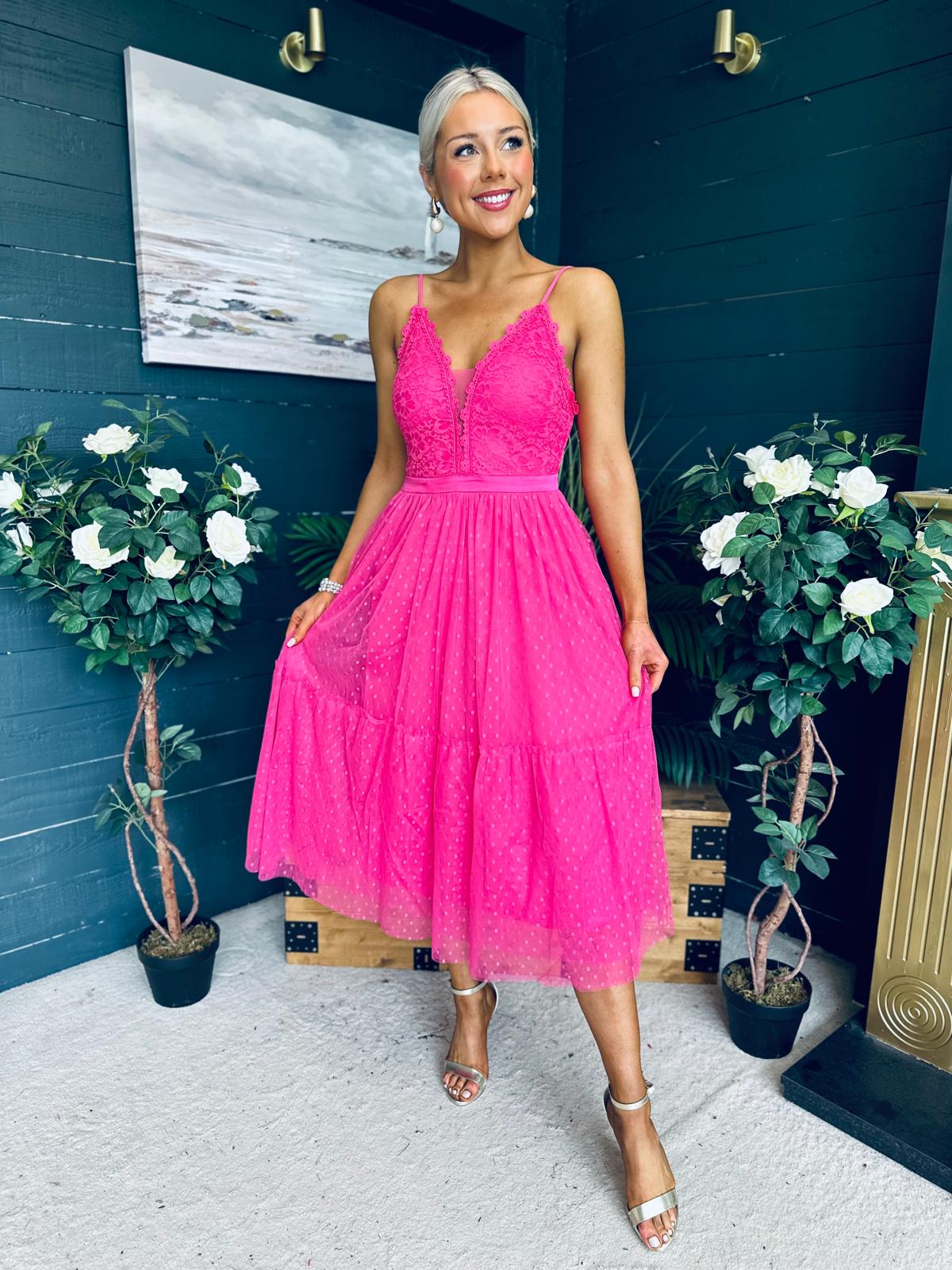 Ally Occasion Tulle Midi Dress Fuchsia