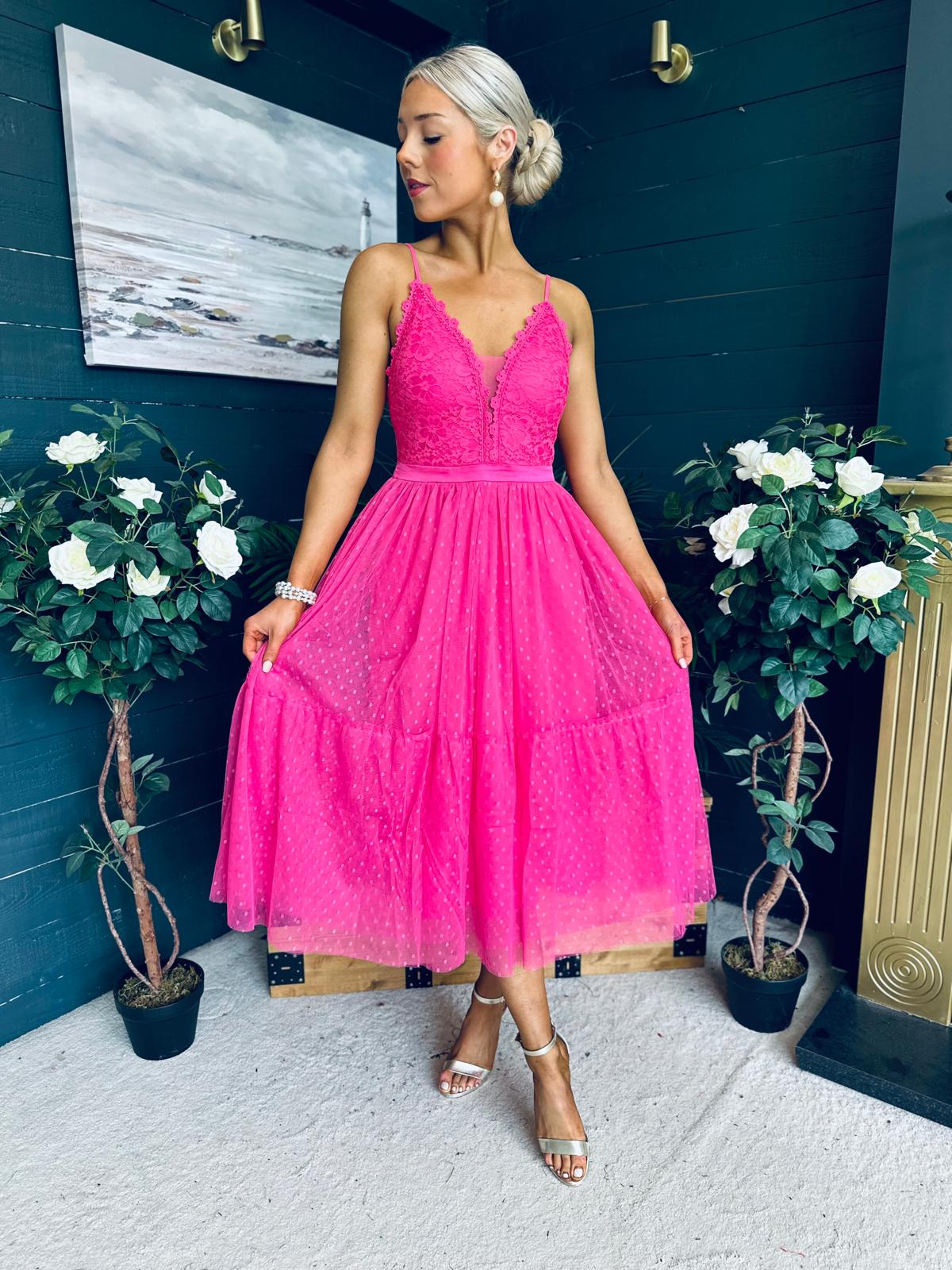 Ally Occasion Tulle Midi Dress Fuchsia