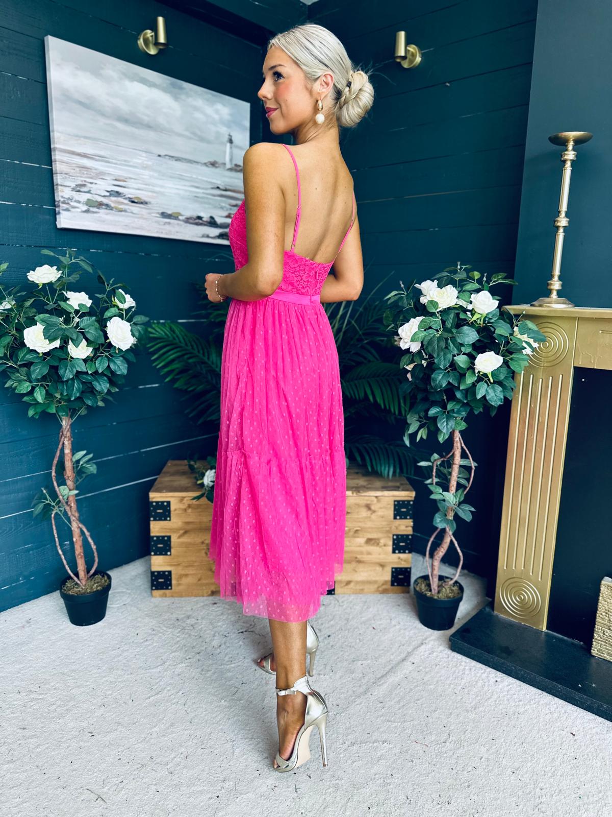 Ally Occasion Tulle Midi Dress Fuchsia
