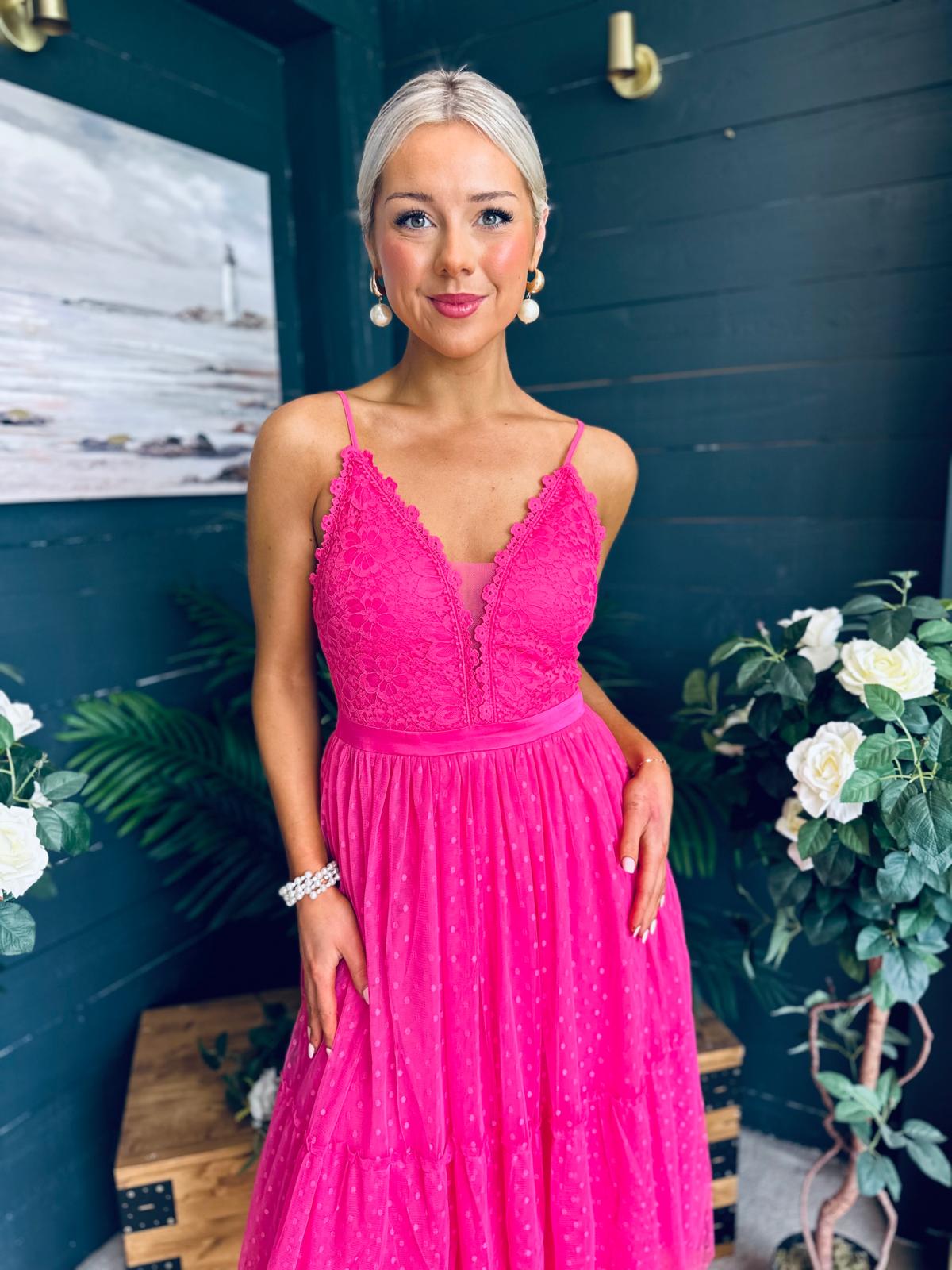 Ally Occasion Tulle Midi Dress Fuchsia