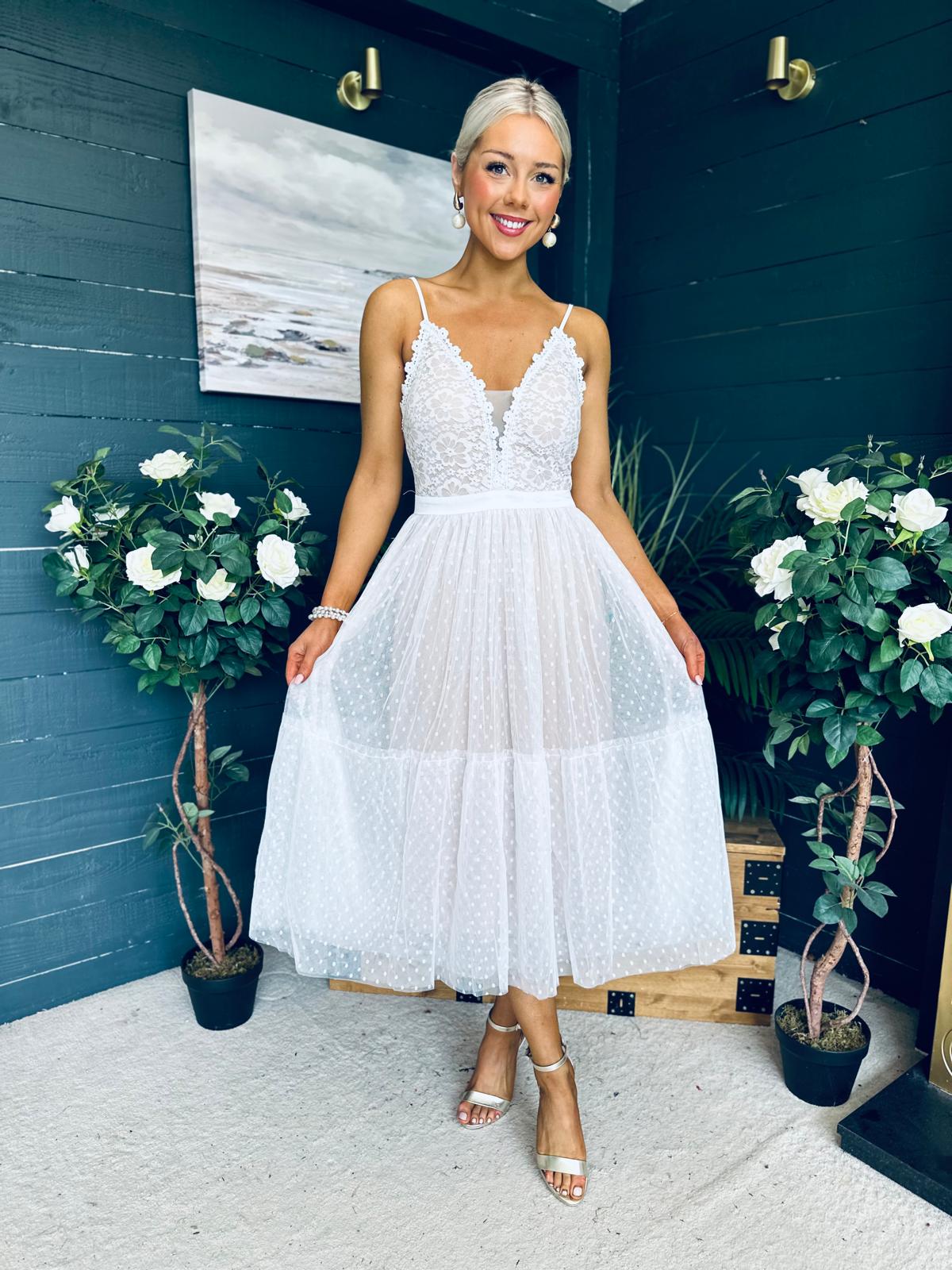 Ally Occasion Tulle Midi Dress White