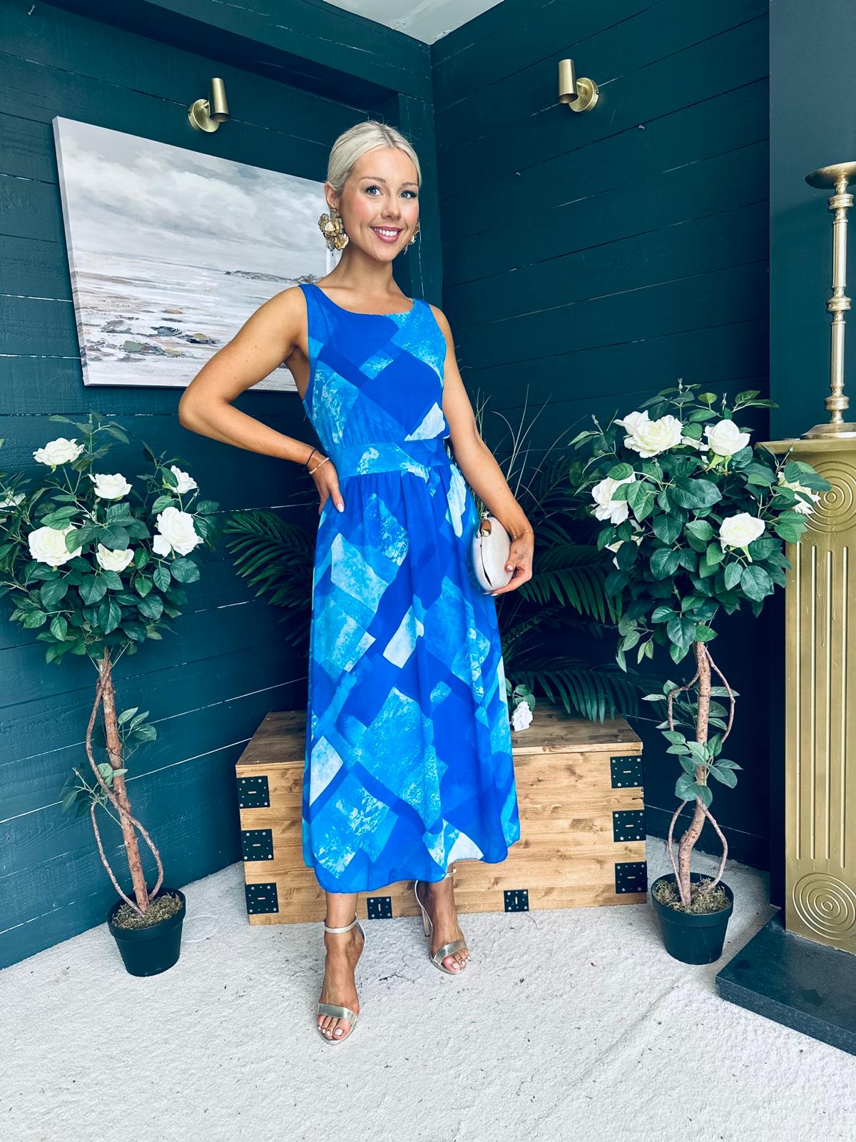 Bella Banded Midi Dress Geo Blue