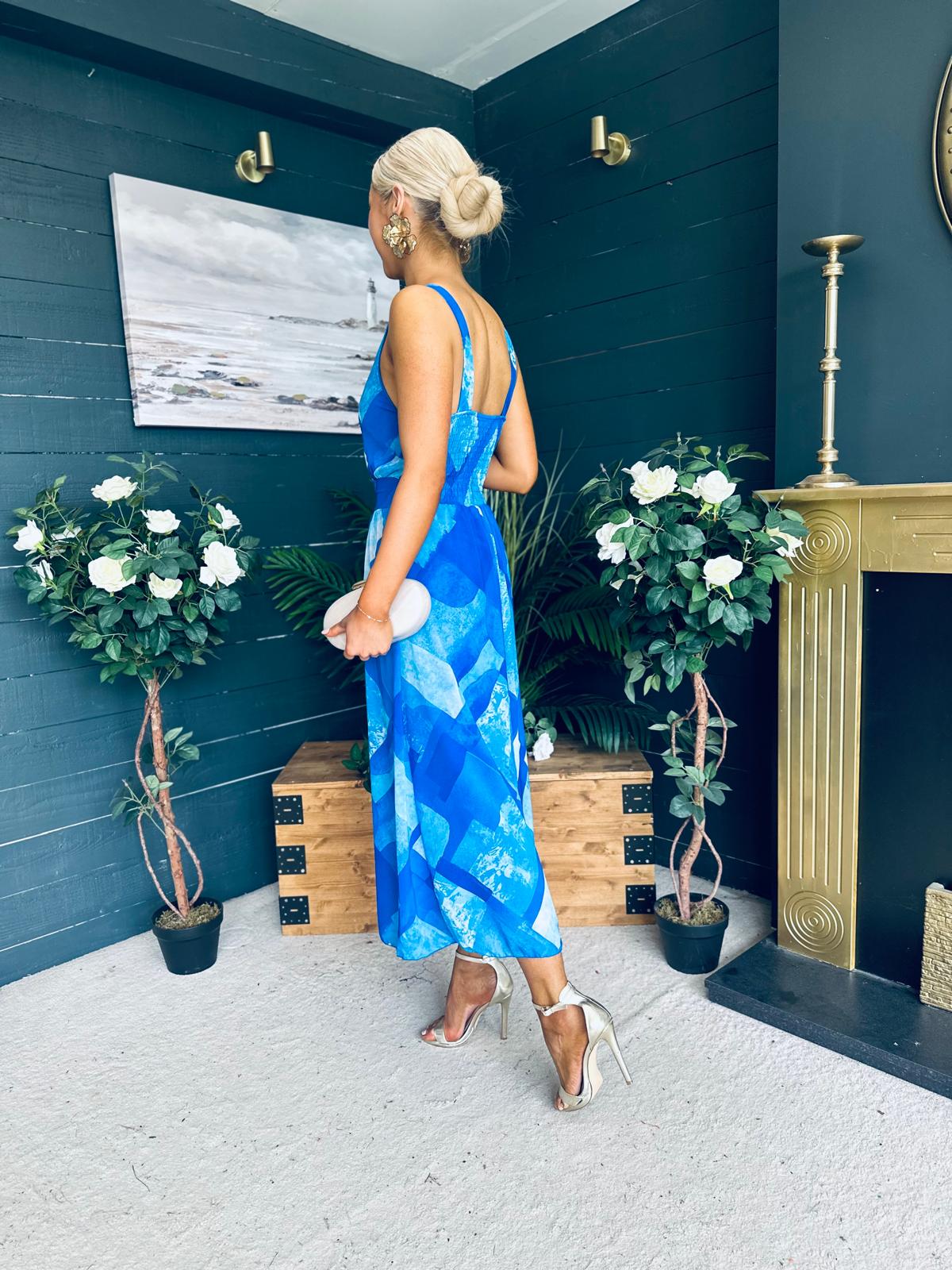 Bella Banded Midi Dress Geo Blue