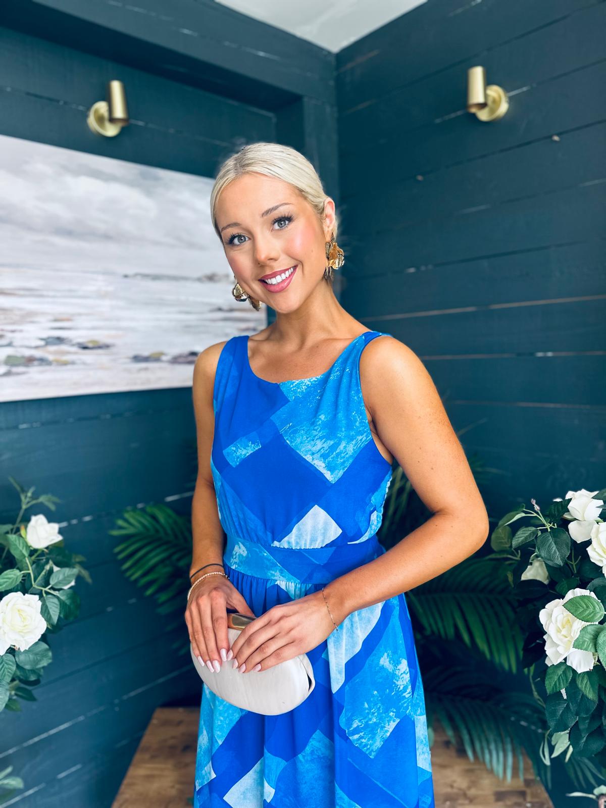 Bella Banded Midi Dress Geo Blue