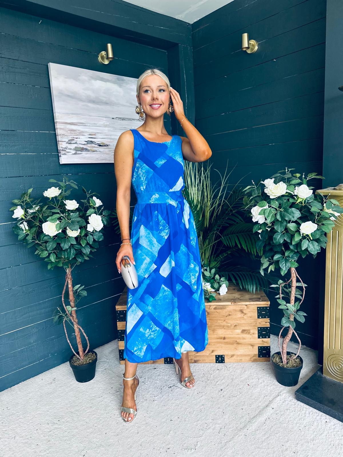 Bella Banded Midi Dress Geo Blue