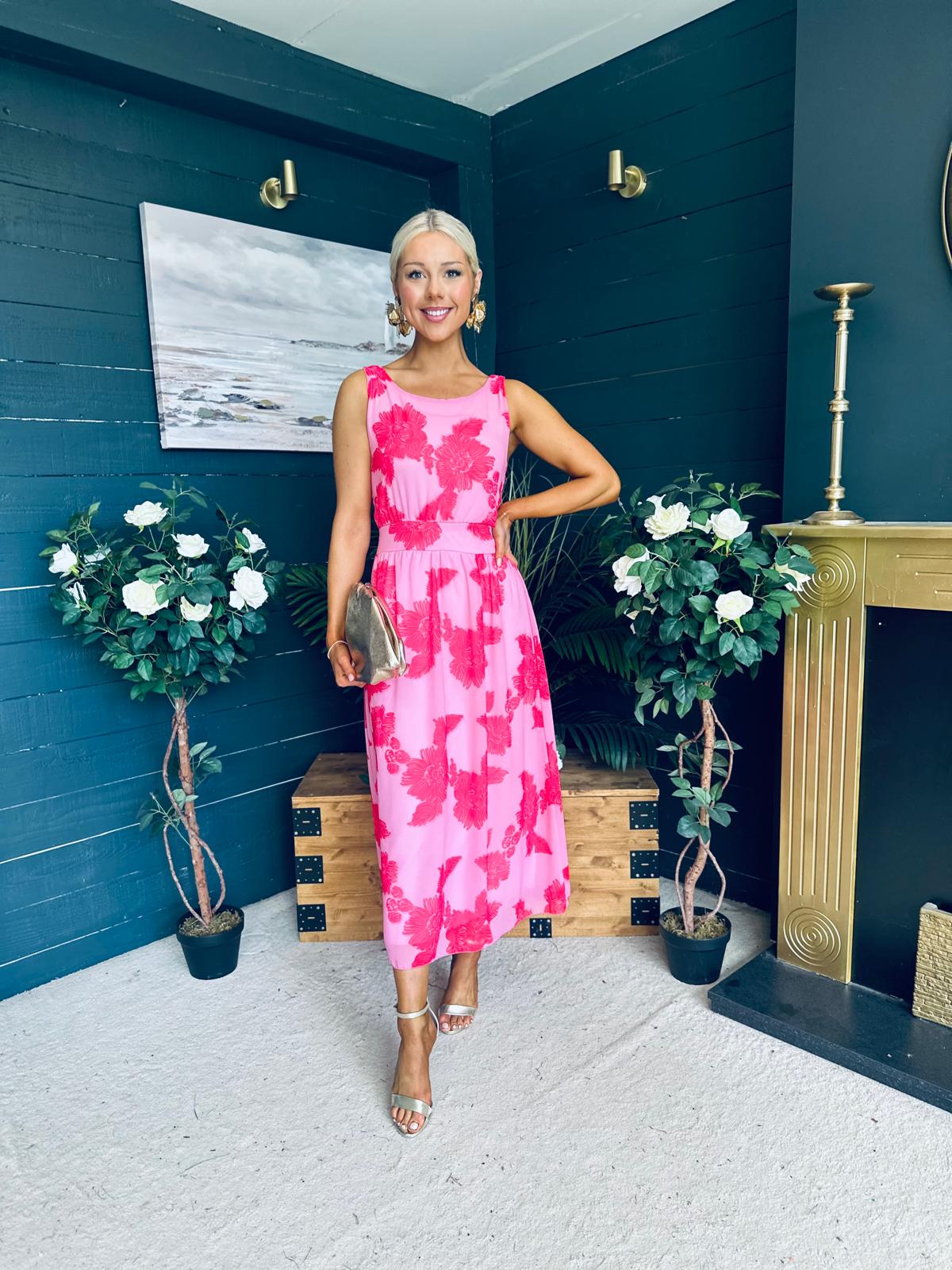 Bella Banded Midi Dress Floral Pink