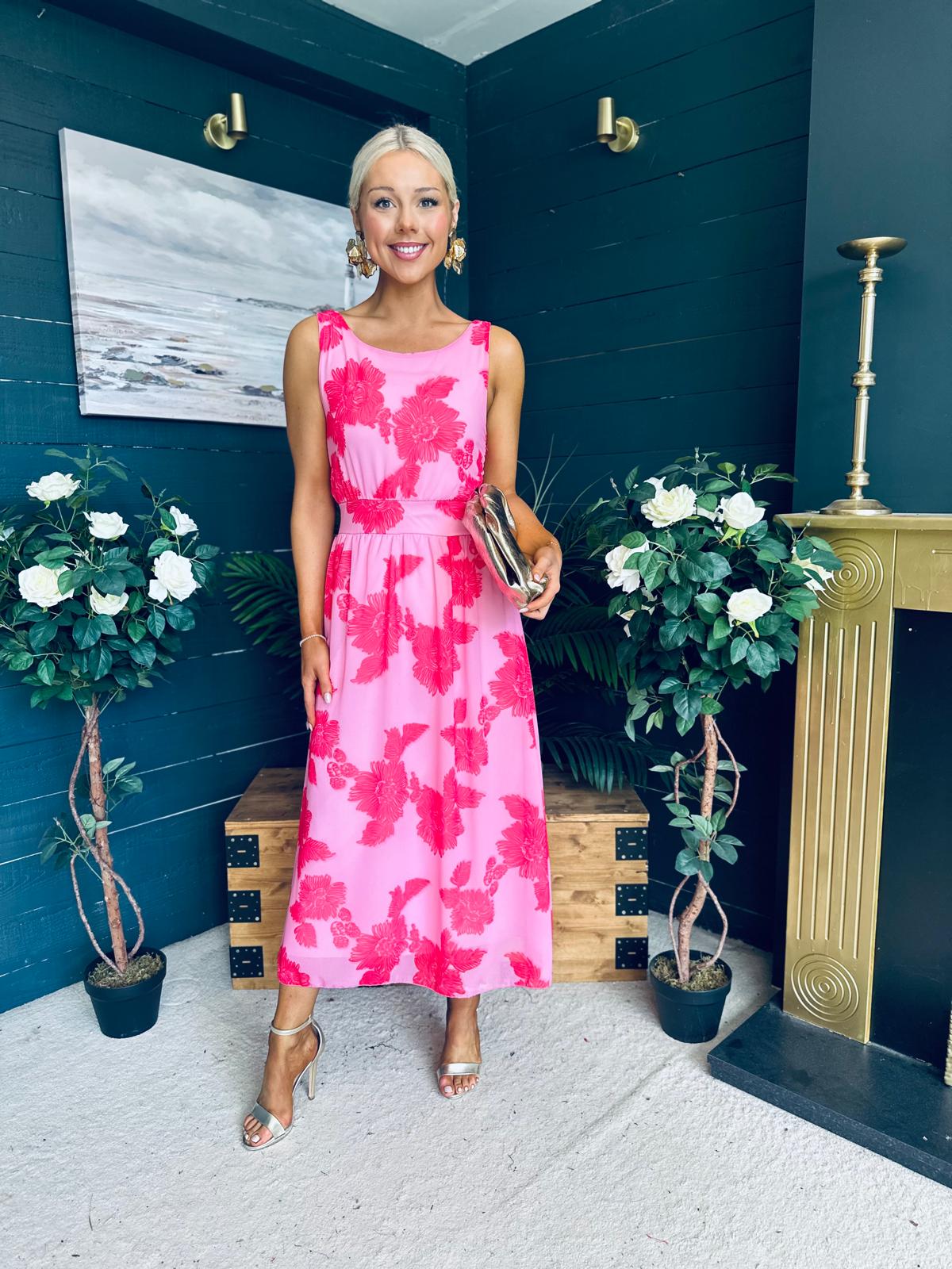 Bella Banded Midi Dress Floral Pink