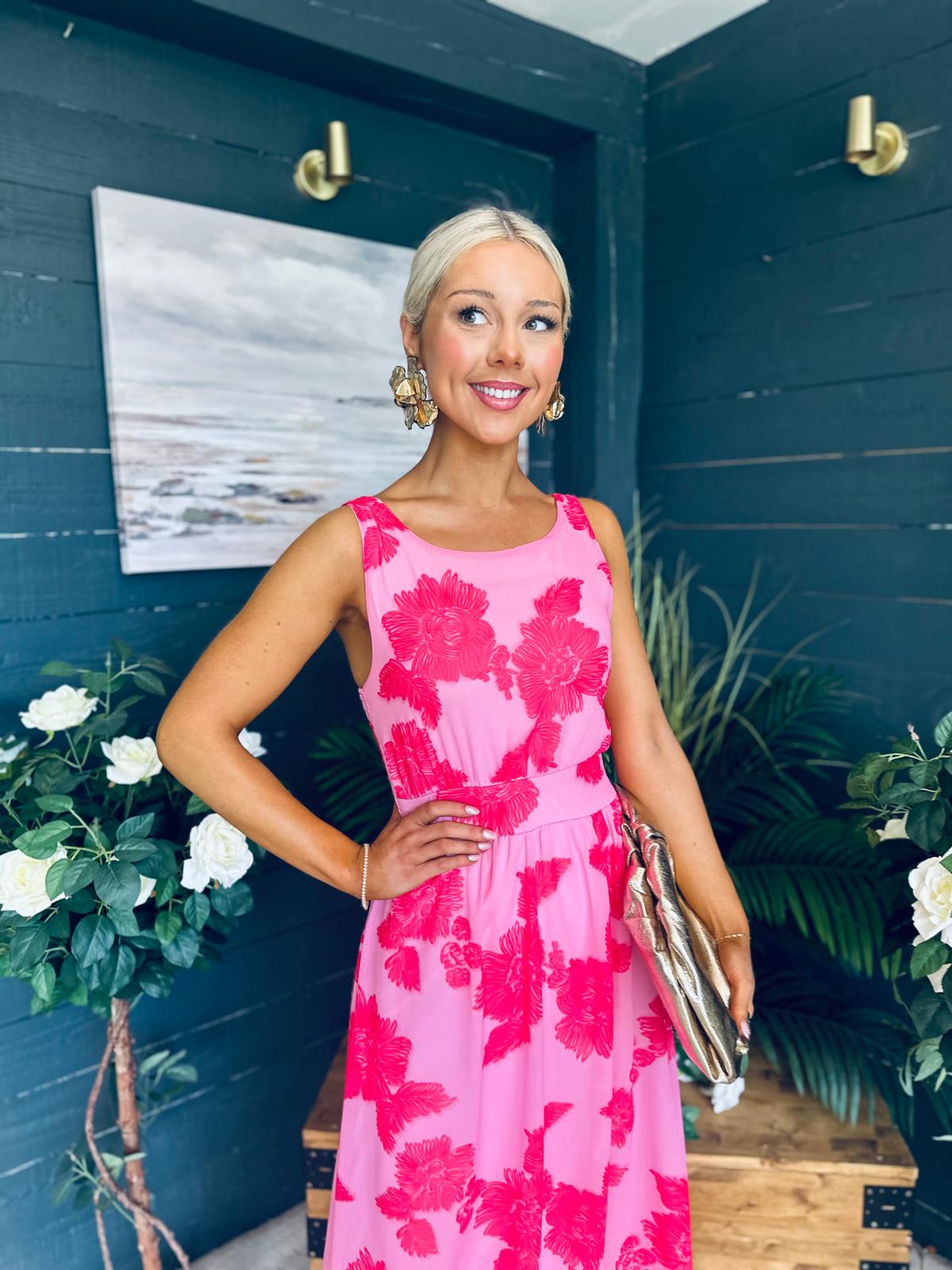 Bella Banded Midi Dress Floral Pink
