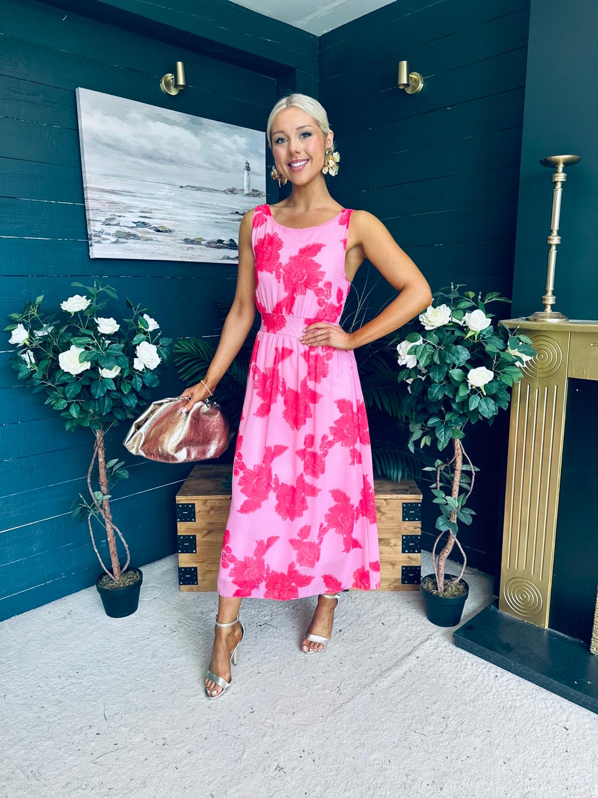 Bella Banded Midi Dress Floral Pink