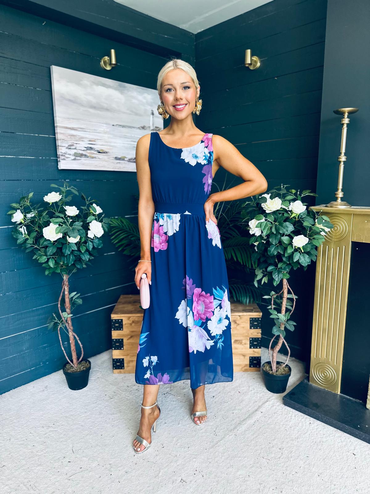 Bella Banded Midi Dress Floral Navy