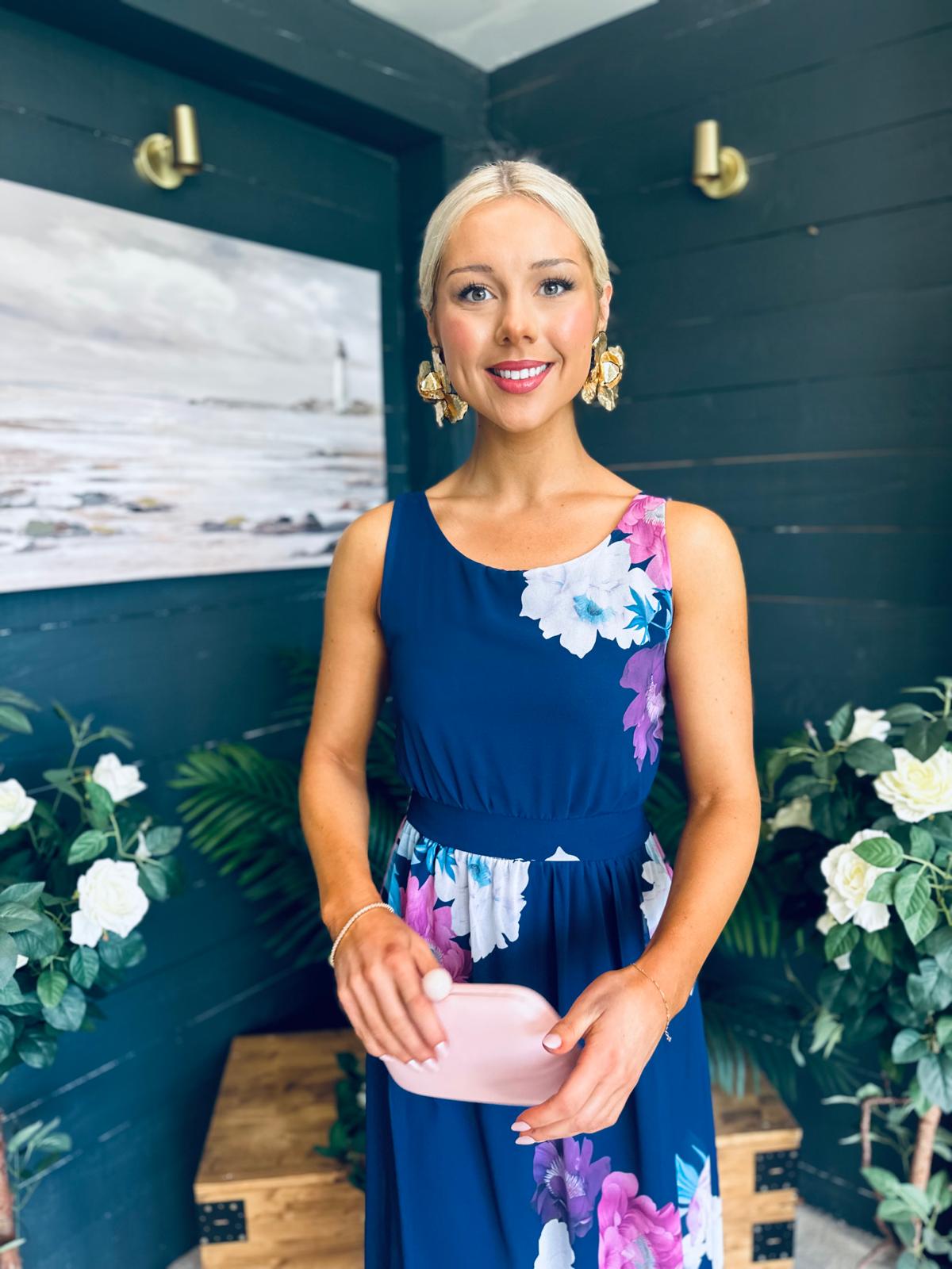 Bella Banded Midi Dress Floral Navy