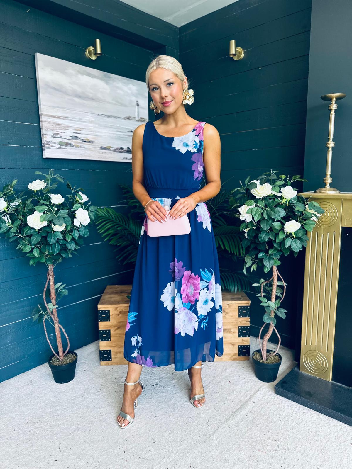 Bella Banded Midi Dress Floral Navy