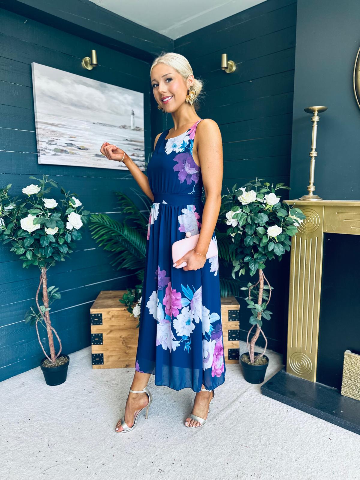 Bella Banded Midi Dress Floral Navy