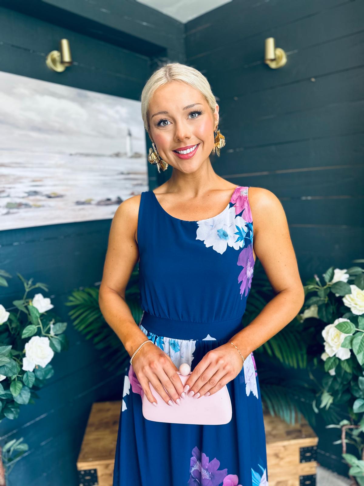 Bella Banded Midi Dress Floral Navy