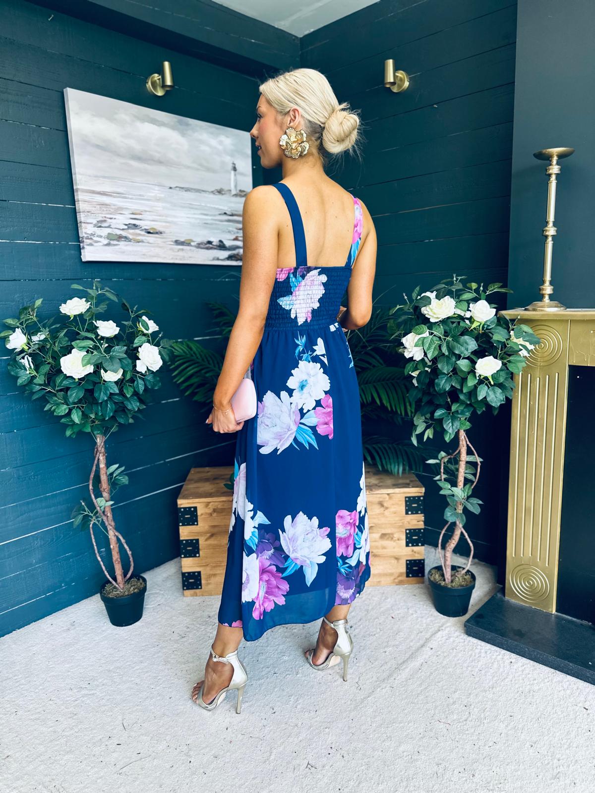 Bella Banded Midi Dress Floral Navy