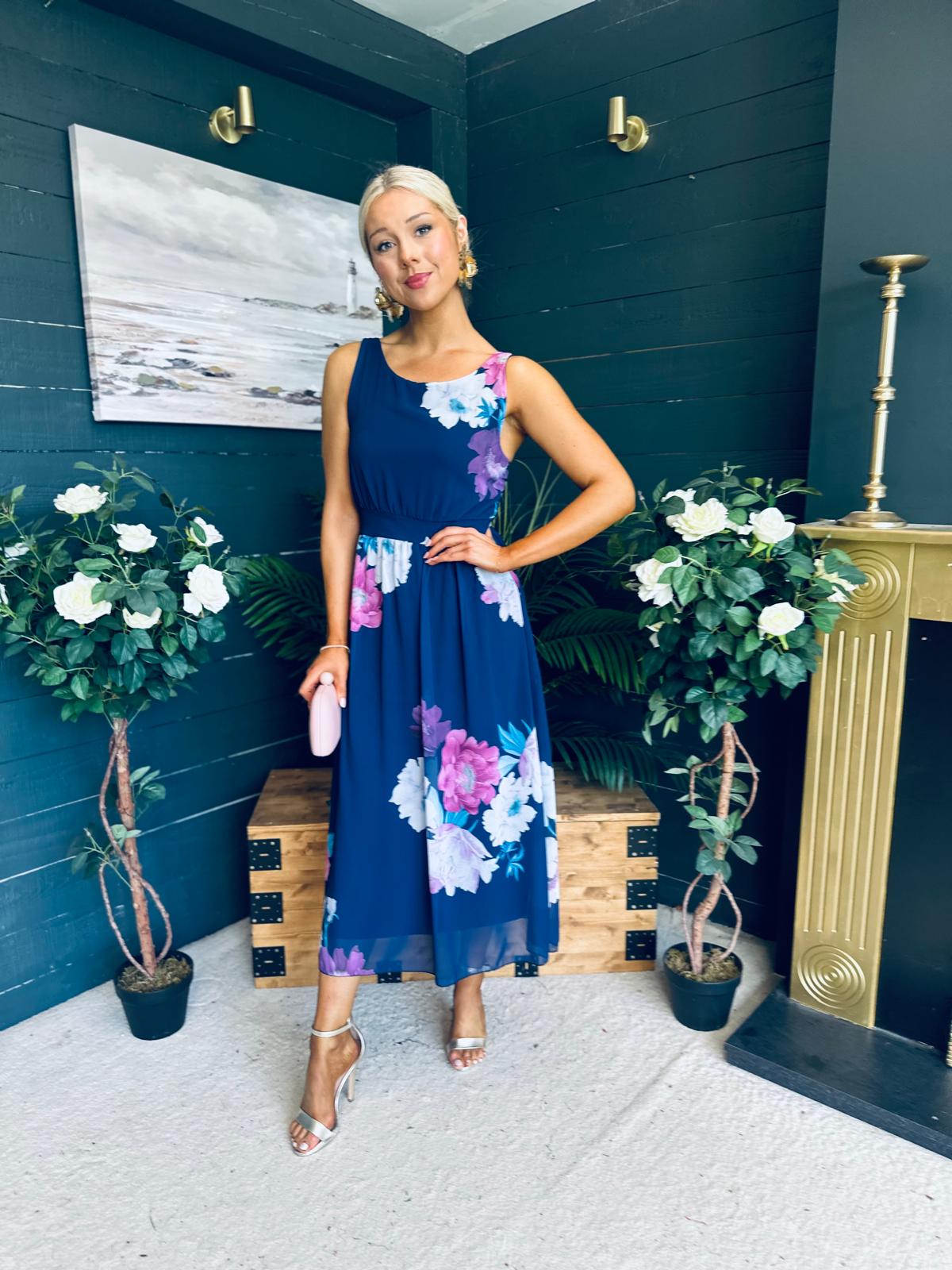 Bella Banded Midi Dress Floral Navy