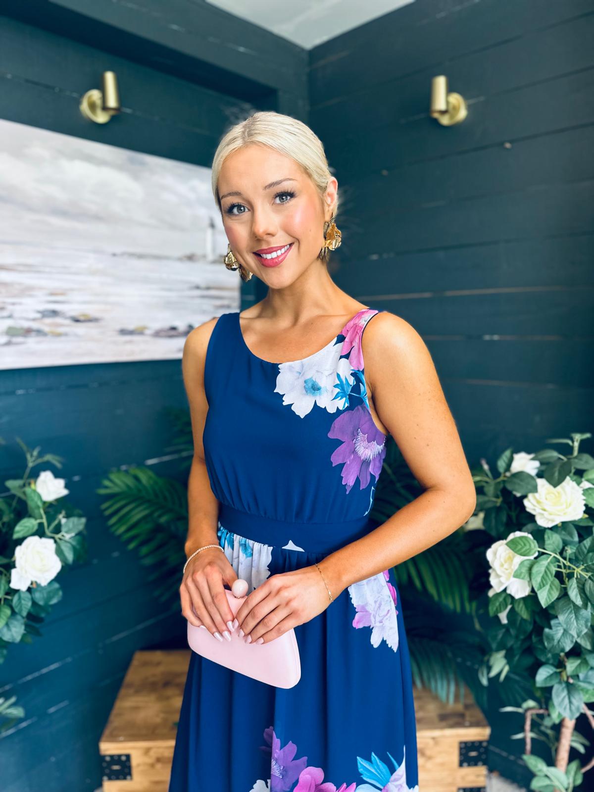 Bella Banded Midi Dress Floral Navy