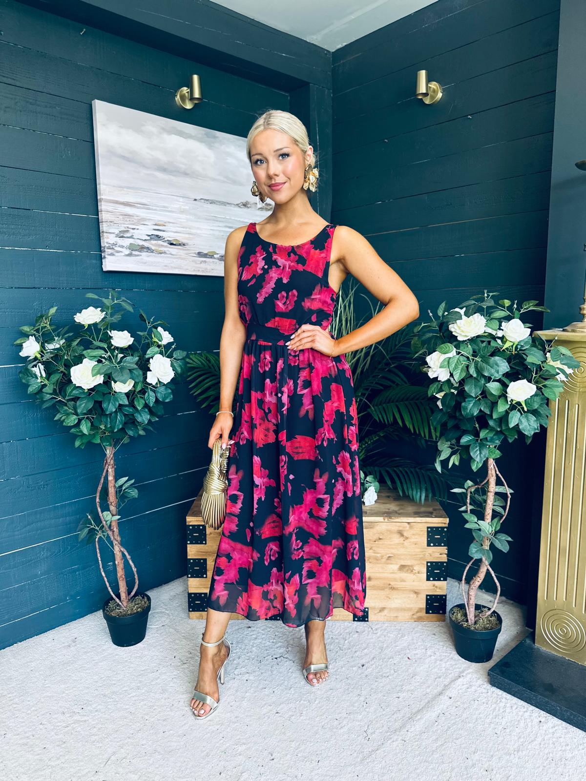 Bella Banded Midi Dress Floral Black