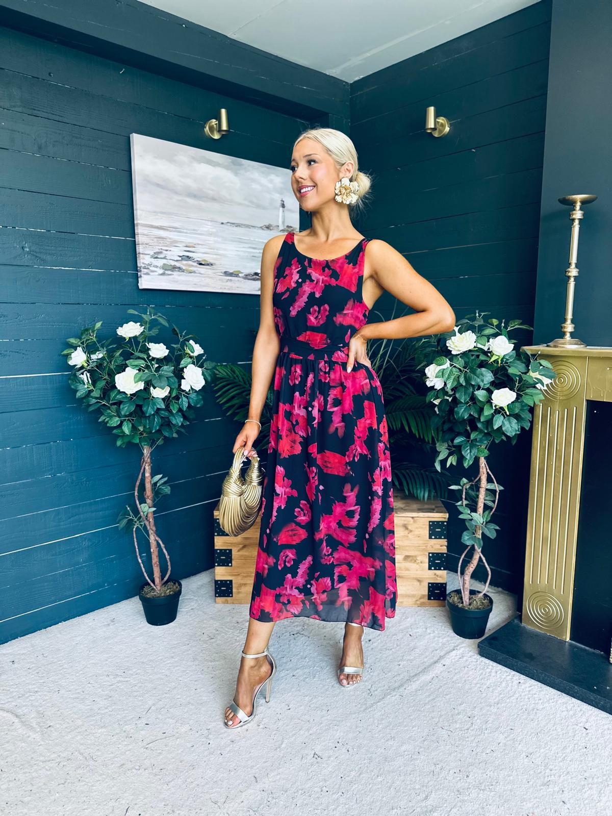 Bella Banded Midi Dress Floral Black