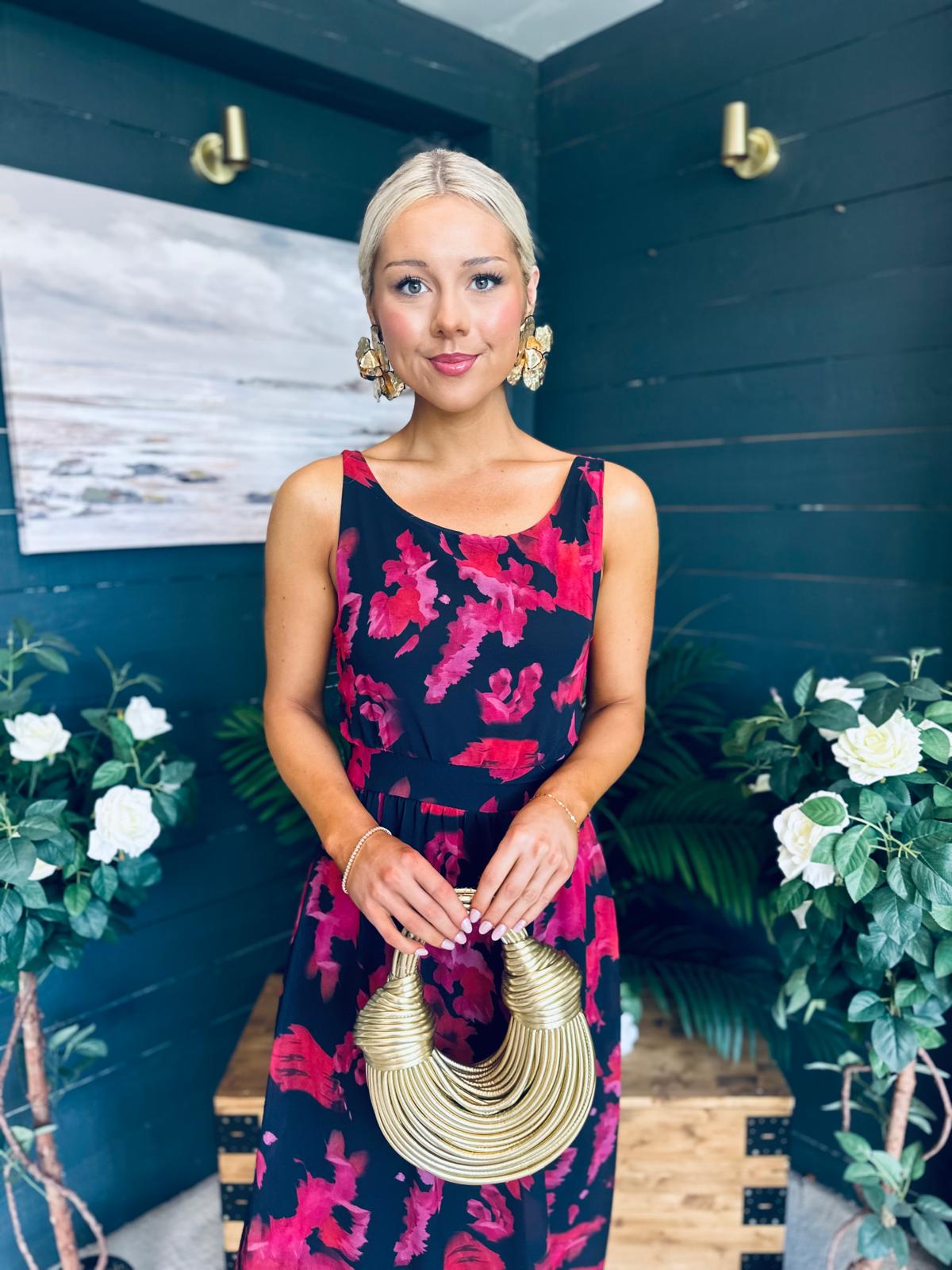 Bella Banded Midi Dress Floral Black