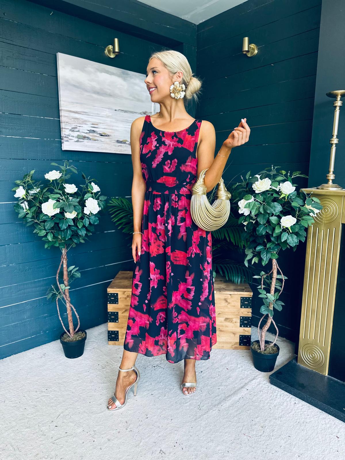Bella Banded Midi Dress Floral Black