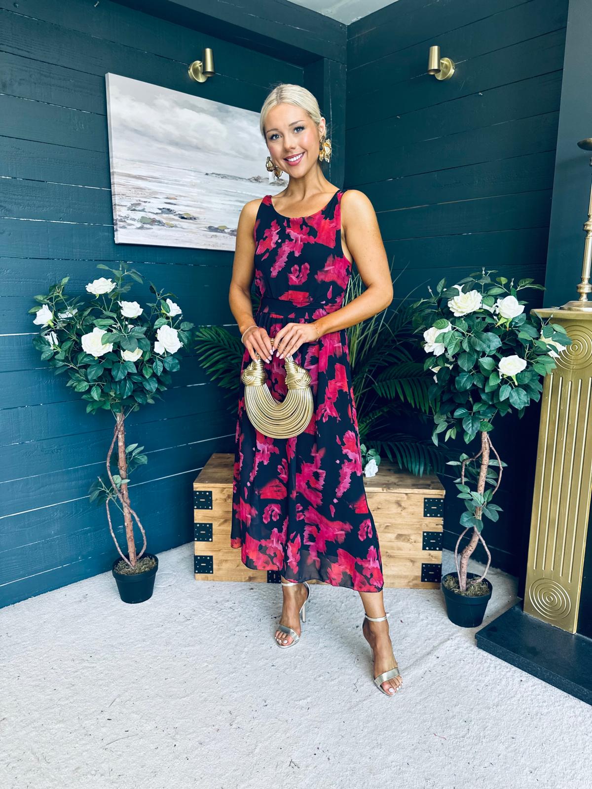Bella Banded Midi Dress Floral Black
