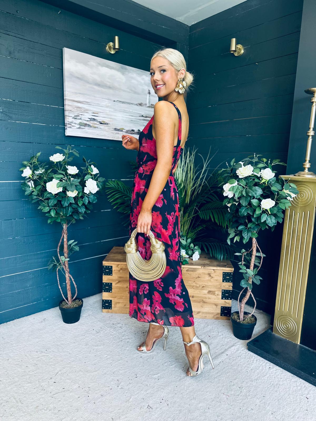 Bella Banded Midi Dress Floral Black
