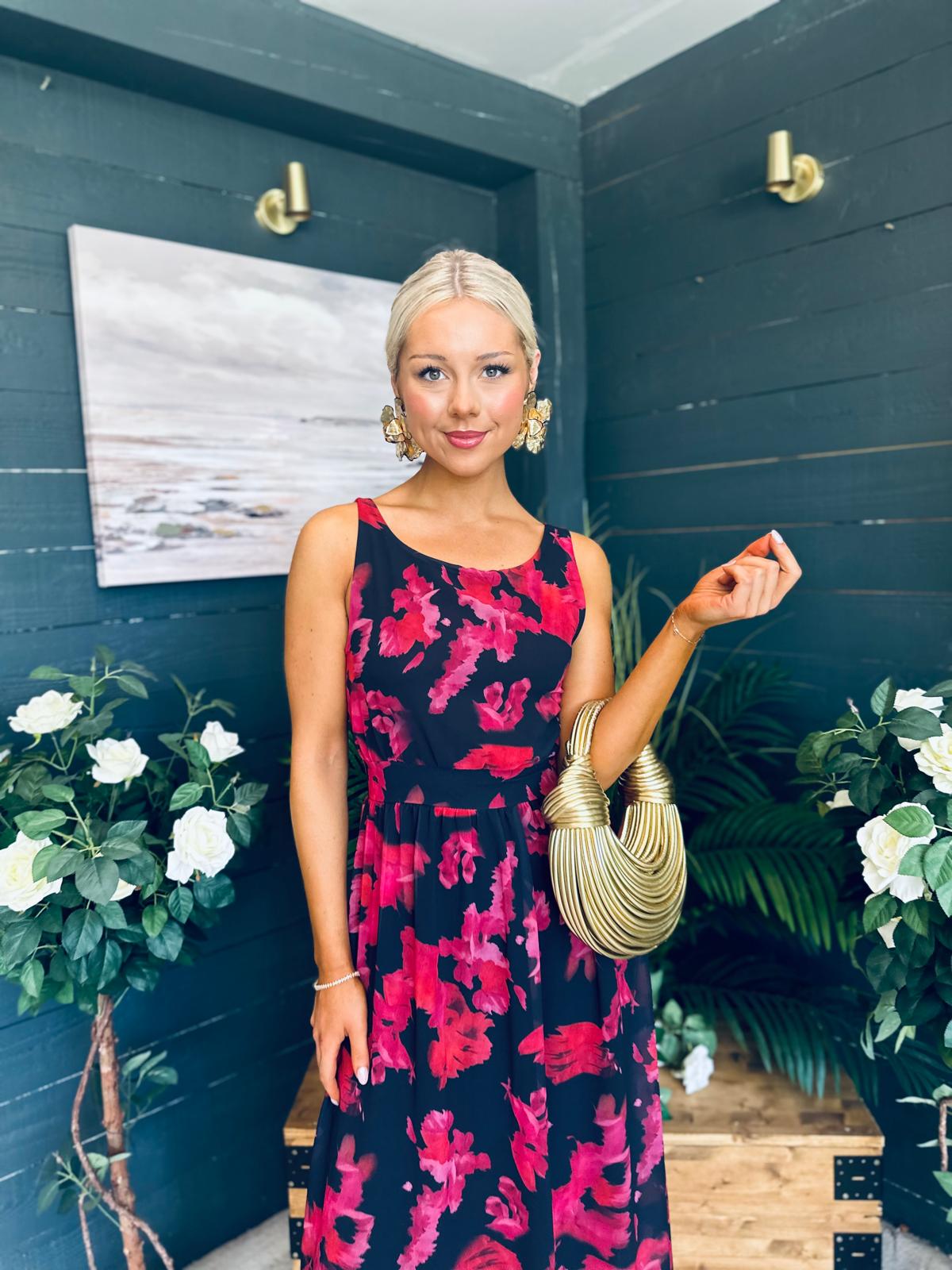 Bella Banded Midi Dress Floral Black