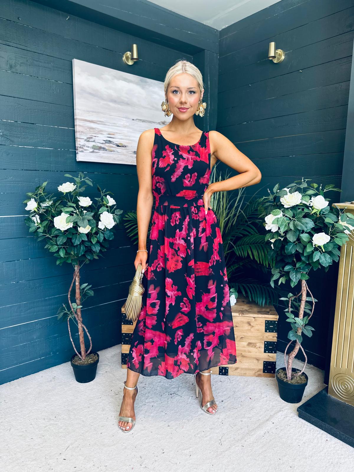 Bella Banded Midi Dress Floral Black