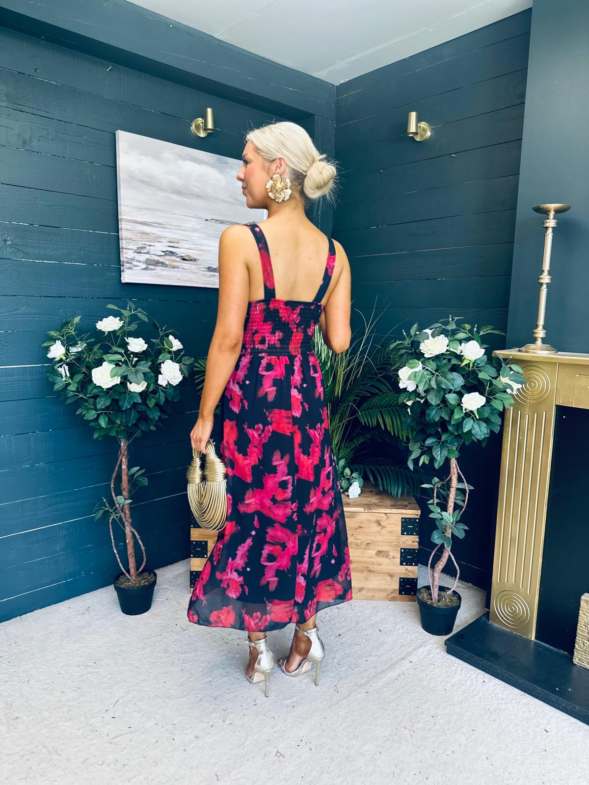 Bella Banded Midi Dress Floral Black