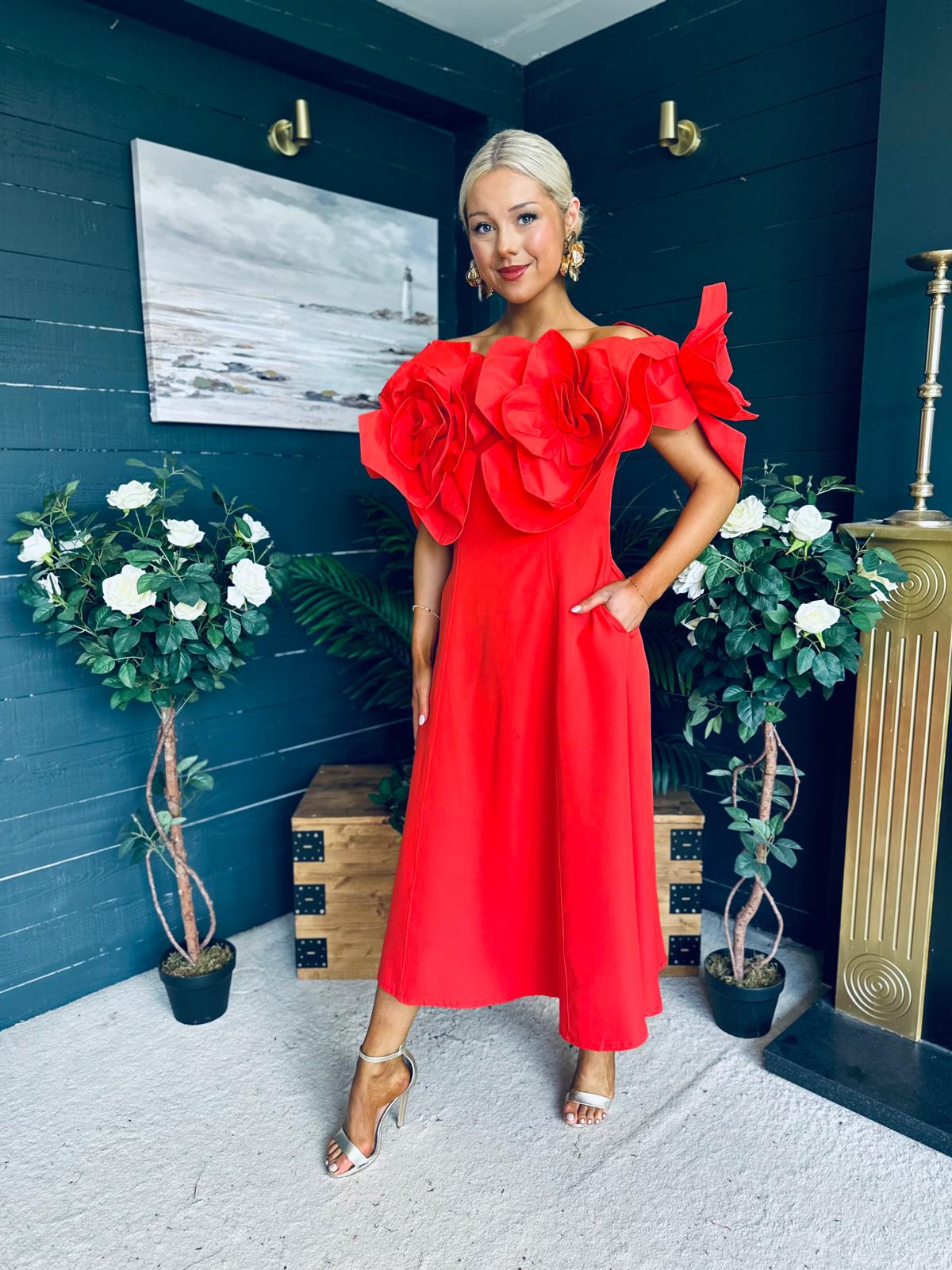 Jackie Floral Detail Occasion Midi Dress Coral