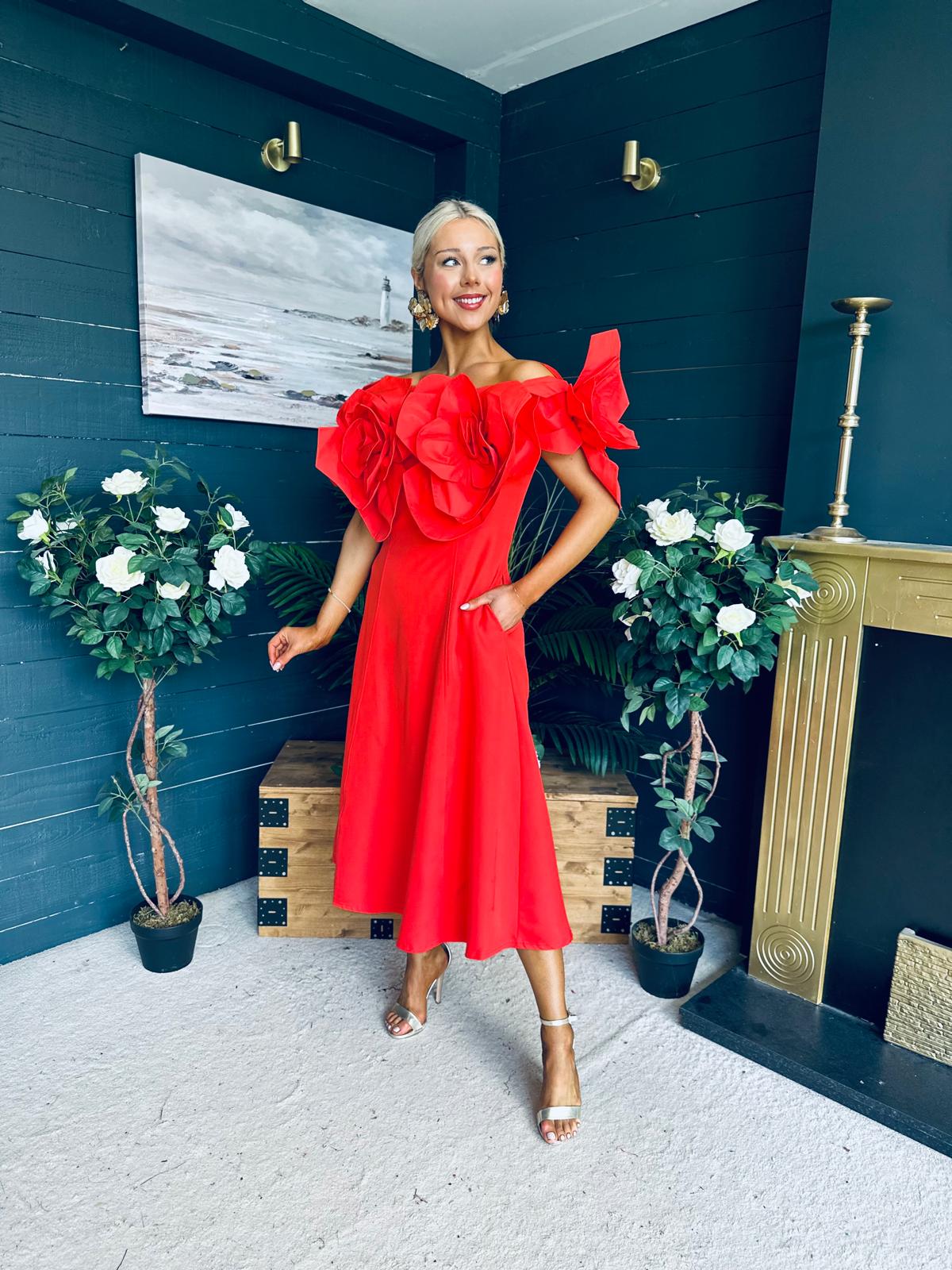 Jackie Floral Detail Occasion Midi Dress Coral