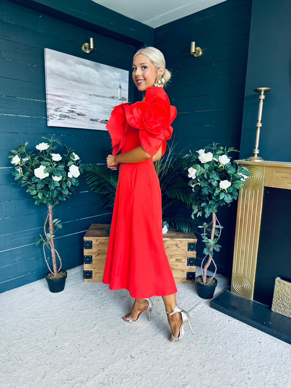 Jackie Floral Detail Occasion Midi Dress Coral