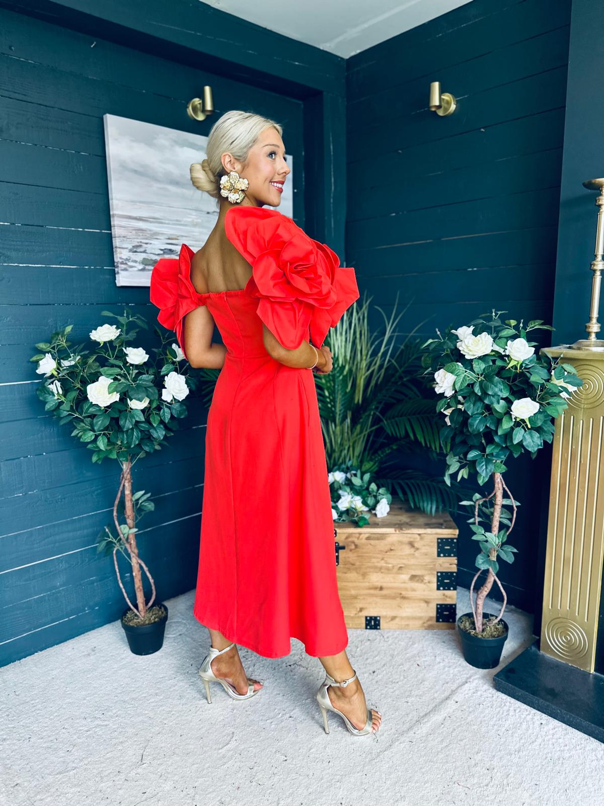 Jackie Floral Detail Occasion Midi Dress Coral