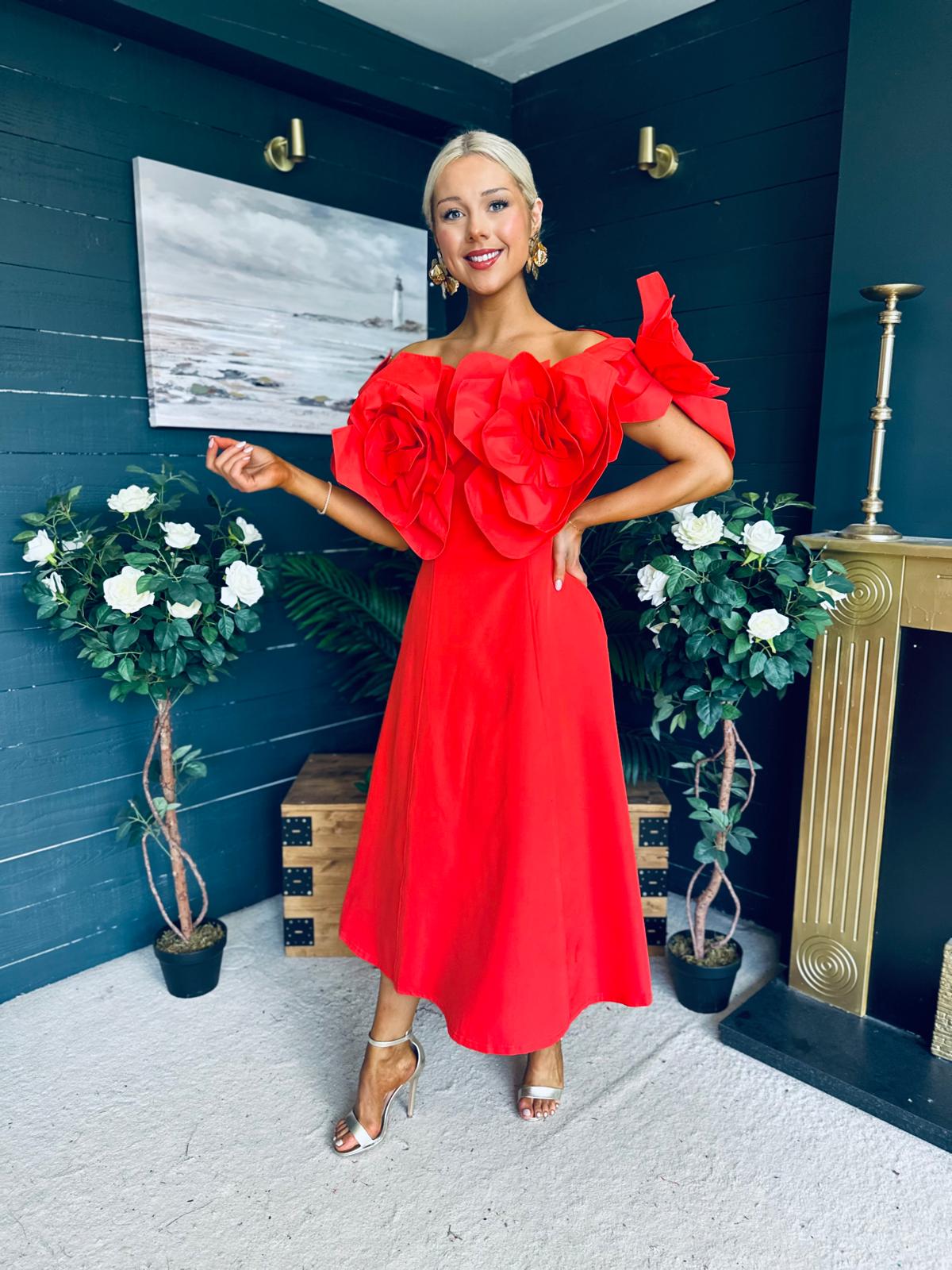 Jackie Floral Detail Occasion Midi Dress Coral